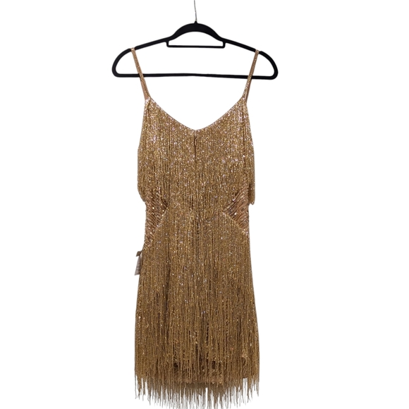 NWT Nadine Merabi Tammy Gold Fringe Beaded Mini Dress Size 8 - Picture 8 of 12